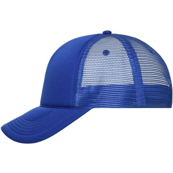 A blue 5 Panel Retro Mesh Trucker hat featuring a solid front and mesh back, with a curved brim and a logo.