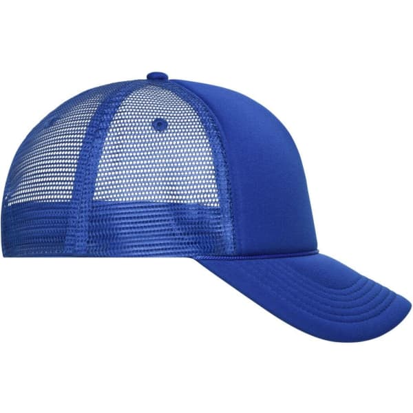 A blue 5 Panel Retro Mesh Trucker cap featuring a mesh back and a curved brim, with a logo displayed.
