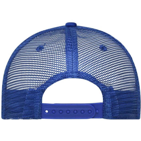 A blue 5 Panel Retro Mesh Trucker cap featuring a mesh back and an adjustable strap.