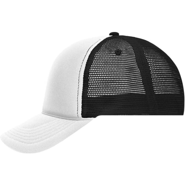A 5 Panel Retro Mesh Trucker cap featuring a white front and black mesh rear. It includes a logo on the front.