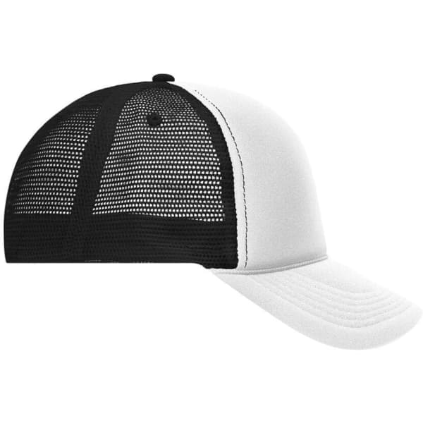 A black and white 5 Panel Retro Mesh Trucker cap featuring a mesh back and a curved brim.