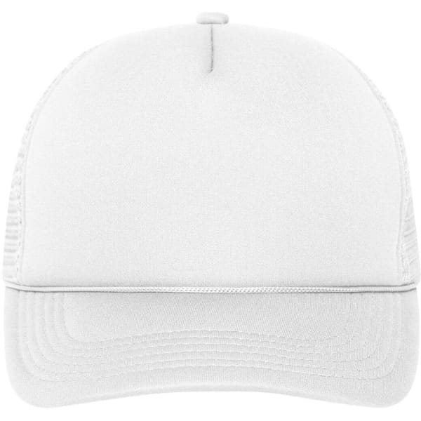 A white 5 panel retro mesh trucker cap with a curved brim and a branding logo.