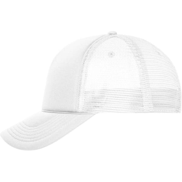 A white 5 Panel Retro Mesh Trucker cap with a solid front and mesh back, featuring a logo on the front.