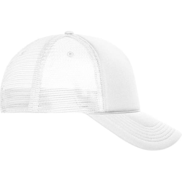 A white 5 Panel Retro Mesh Trucker cap featuring a mesh back and a solid front panel, complete with a logo.