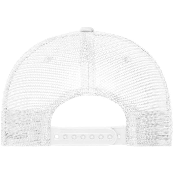 A white 5 Panel Retro Mesh Trucker cap featuring a mesh back and an adjustable strap.