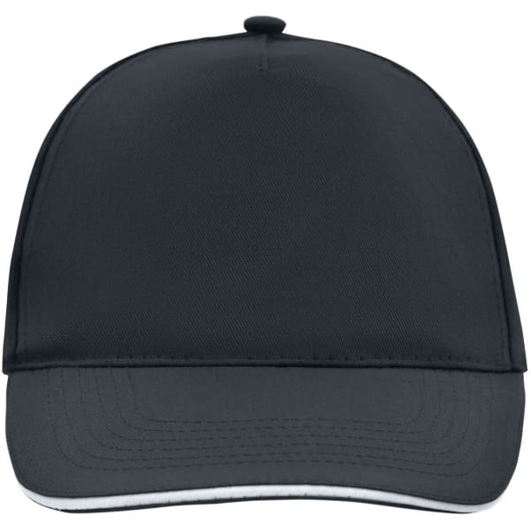 A black 5-panel sandwich cap featuring a flat brim and a logo on the front.