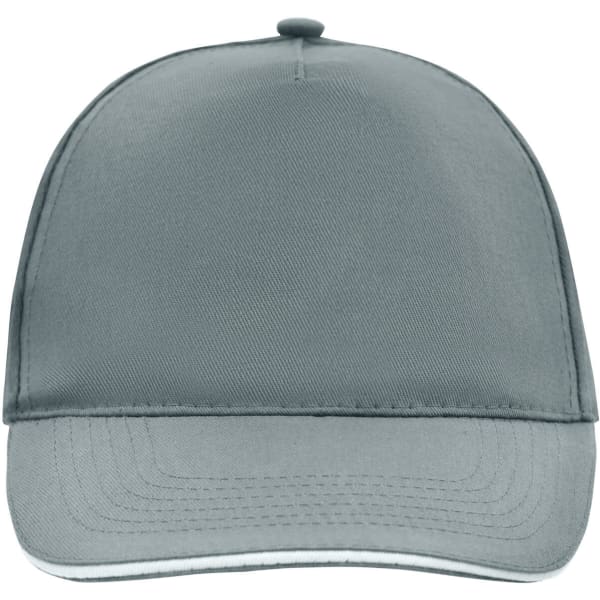 A grey 5 Panel Promo Sandwich Cap featuring a structured design and a logo on the front.