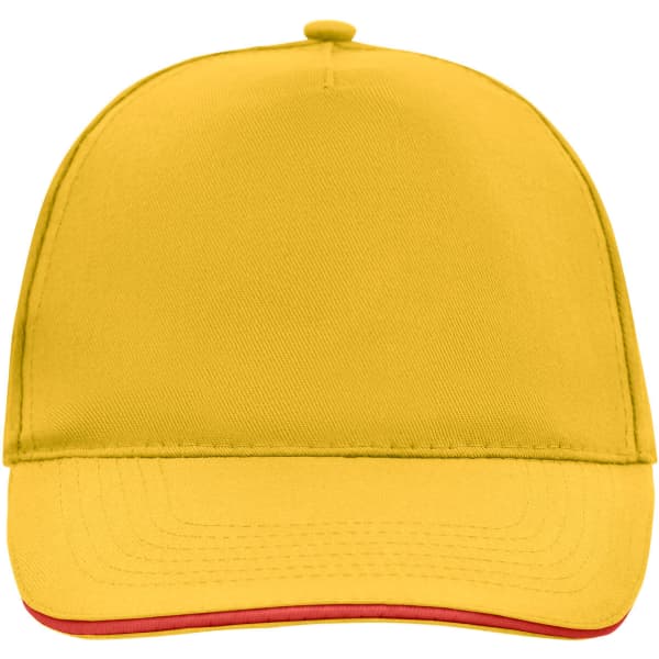 A bright yellow 5 Panel Promo Sandwich Cap featuring a red trim and a logo on the front.