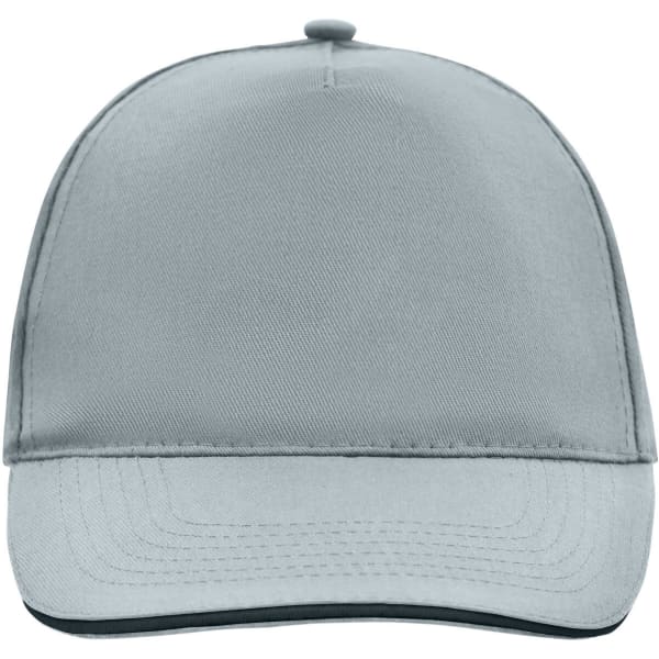 A 5 Panel Promo Sandwich Cap in a light grey colour, featuring a logo on the front panel.