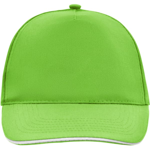 A bright green 5 Panel Promo Sandwich Cap with a curved brim and a logo on the front.