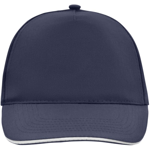 A navy blue, five-panel promotional sandwich cap with a curved brim and a logo.
