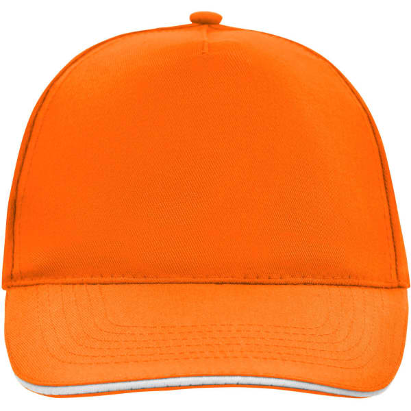 An orange 5 Panel Promo Sandwich Cap with a curved brim and a logo.
