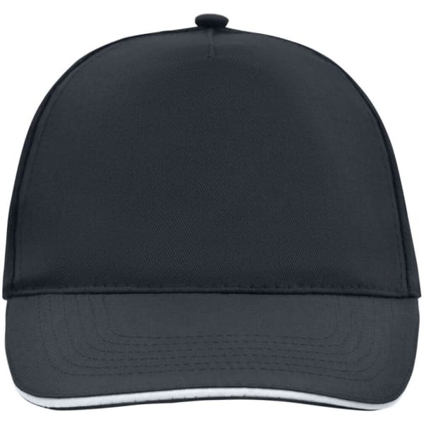 A black 5 Panel Promo Sandwich Cap featuring a logo. The design includes a flat bill and stitched detailing.