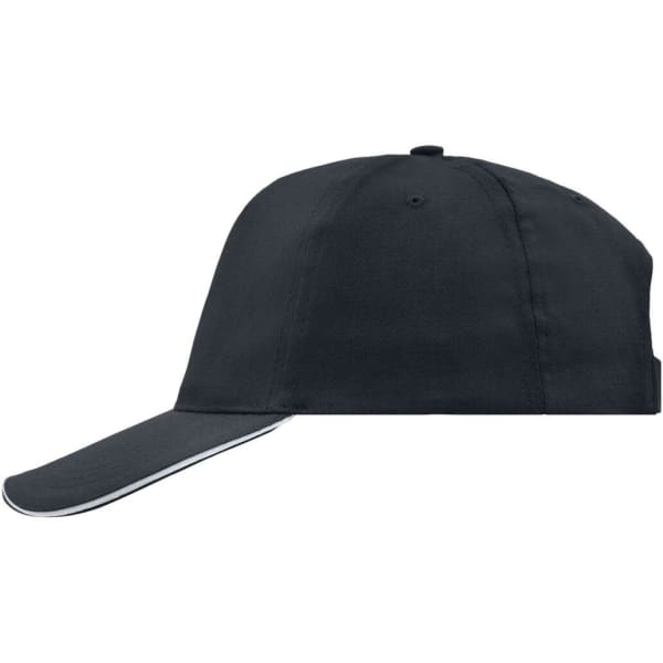 A black 5 Panel Promo Sandwich Cap with a contrasting trim and a logo on the front.