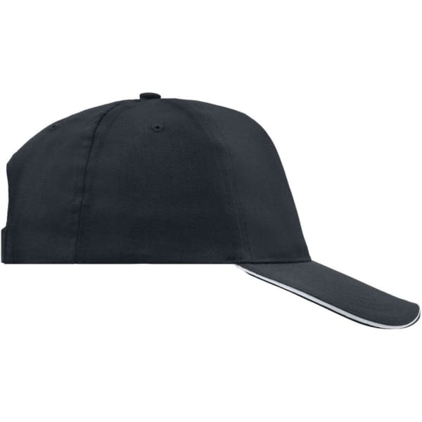 A navy blue 5 panel promo sandwich cap with a contrasting trim and a logo on the front.