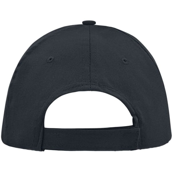 A black 5 Panel Promo Sandwich Cap featuring an adjustable back strap and ventilation holes. It has a logo.
