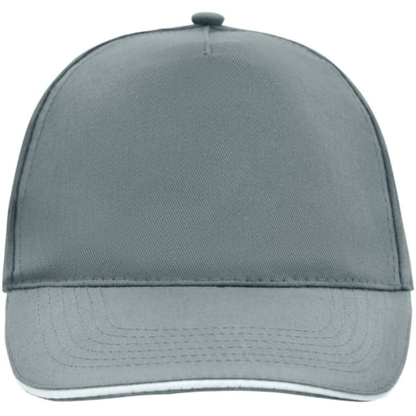 A grey 5 Panel Promo Sandwich Cap featuring a structured design and a branding logo on the front.