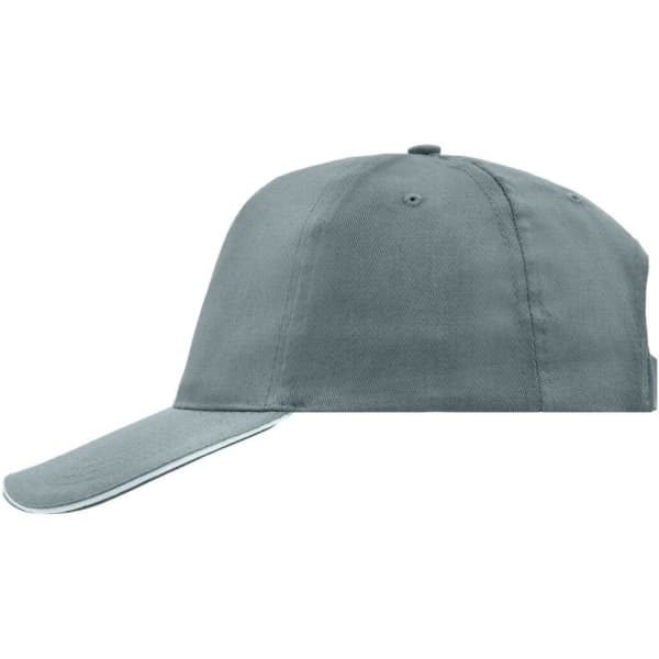 A grey 5 Panel Promo Sandwich Cap with a curved brim and a logo on the side.