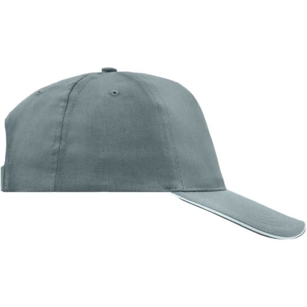 A grey 5 Panel Promo Sandwich Cap featuring a curved peak and a discrete logo on the side.