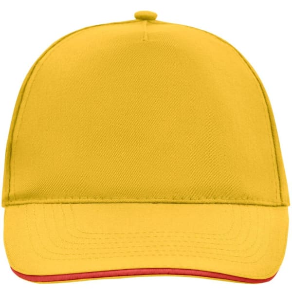 A bright yellow 5 panel sandwich cap with a red underside on the visor and a logo on the front.