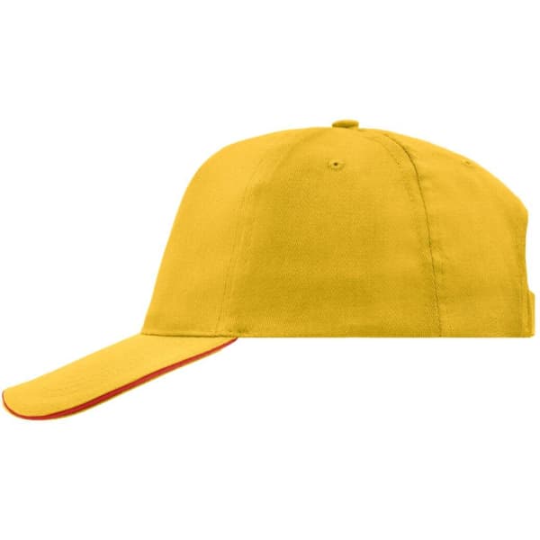 A yellow 5 Panel Promo Sandwich Cap with a red trim and a logo on the side.