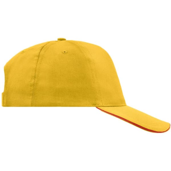 A yellow 5 panel sandwich cap with a contrasting red underbrim and a logo on the front.