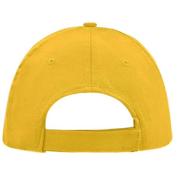 A yellow 5-panel sandwich cap featuring an adjustable strap and a logo on the back.