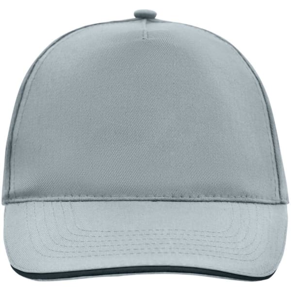 A grey 5 Panel Promo Sandwich Cap featuring a curved brim and a logo on the front.