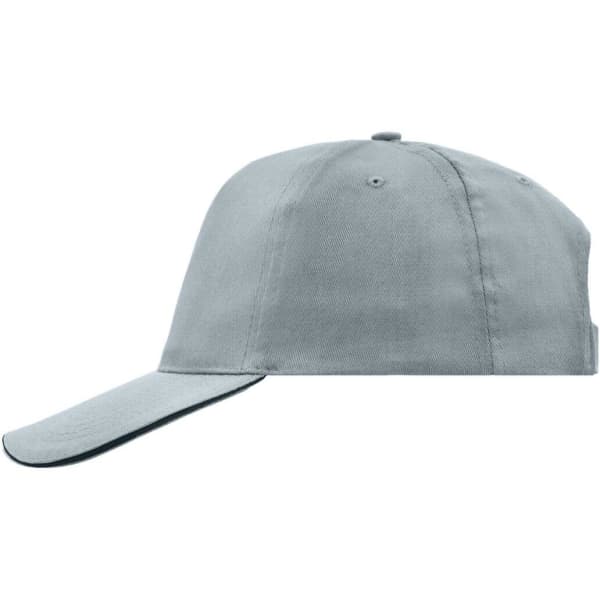 A grey five-panel cap featuring a curved peak and a logo on the side.