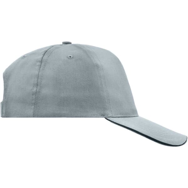 A grey 5 panel cap with a curved brim and an adjustable strap at the back, featuring a logo.