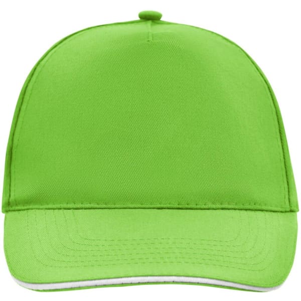 A bright green 5 Panel Promo Sandwich Cap with a curved brim and a top button. It features a logo on the front.