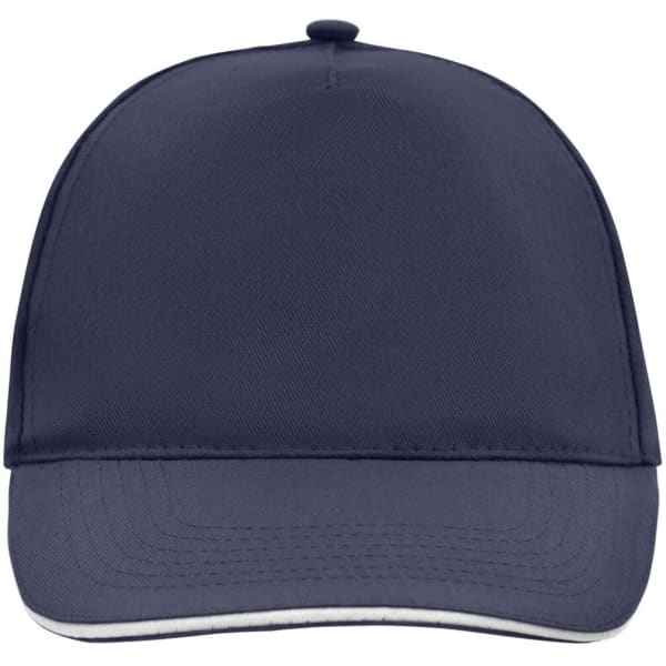 A navy blue 5 Panel Promo Sandwich Cap with a structured front and a curved visor, featuring a logo.