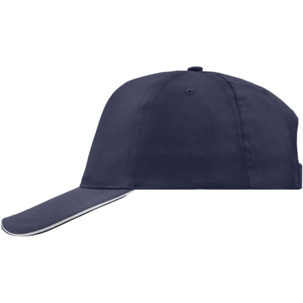 A navy blue 5 Panel Promo Sandwich Cap with a curved brim and a contrasting accent. It features a logo on the front.