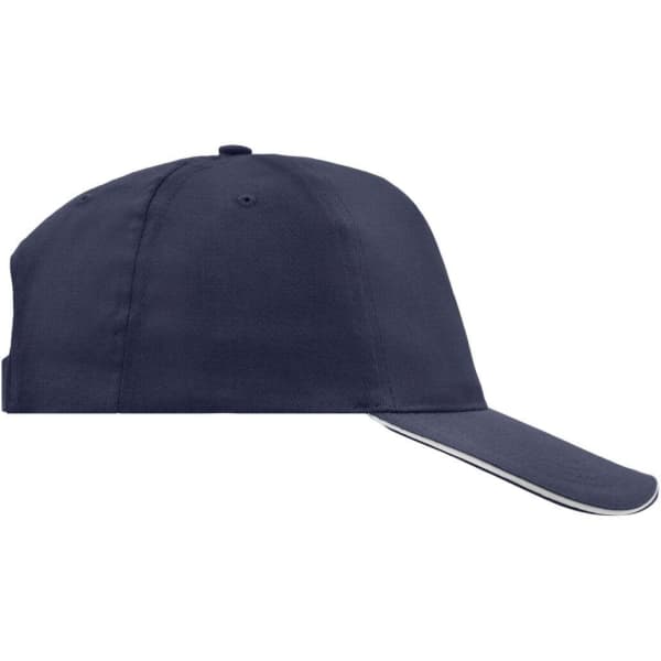 A navy blue 5 Panel Promo Sandwich Cap featuring a curved brim and a logo on the front.