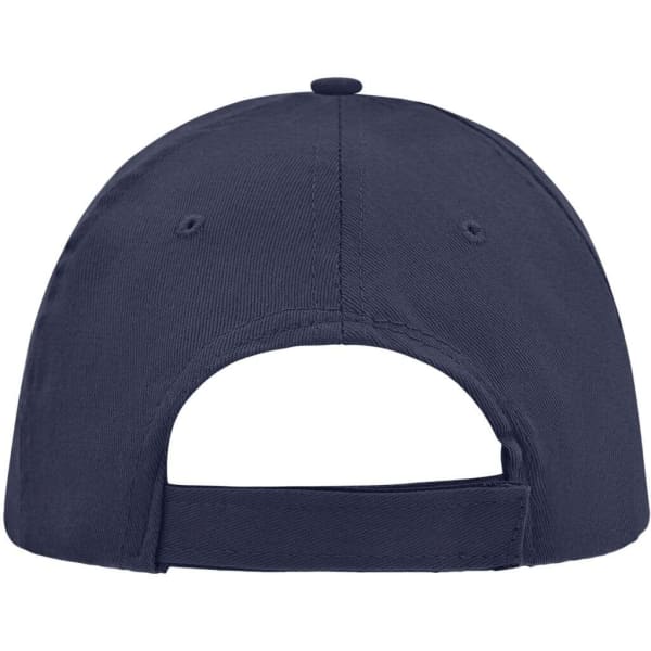 A navy blue 5 Panel Promo Sandwich Cap featuring a rear adjustable strap and a logo.