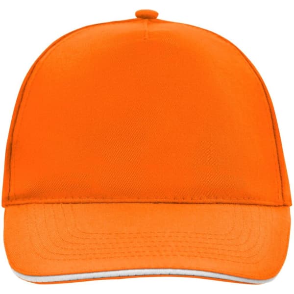 An orange 5 Panel Promo Sandwich Cap with a curved brim and a logo on the front.