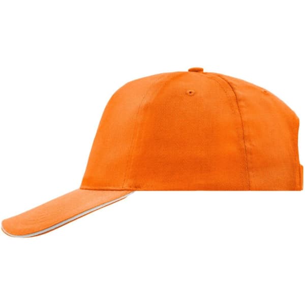 An orange 5 Panel Promo Sandwich Cap featuring a structured design and a logo on the front.