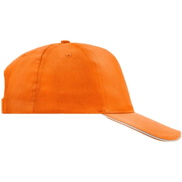 An orange 5 Panel Promo Sandwich Cap with a curved brim and a logo on the front.