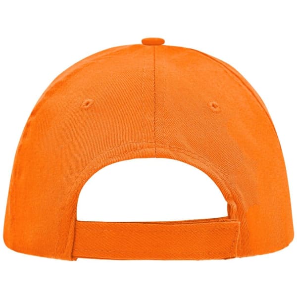 An orange 5 Panel Promo Sandwich Cap featuring an adjustable strap at the back and a logo on the side.