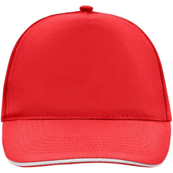 A red 5 panel cap with a structured front and a curved visor, featuring a logo on the front.