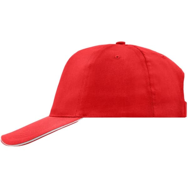A red 5-panel cap with a curved visor and a logo on the front.