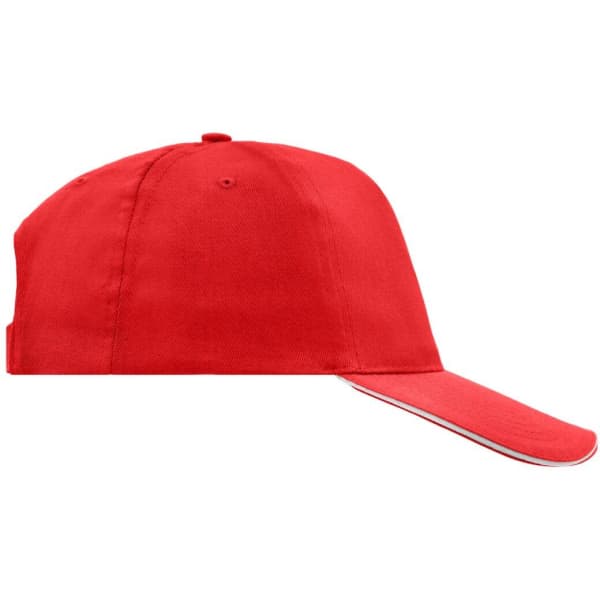 A red five-panel cap with a curved peak and a logo on the front.