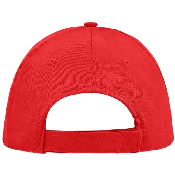 A red 5-panel promotional sandwich cap featuring a rear strap and logo. The back view highlights the cap's construction.
