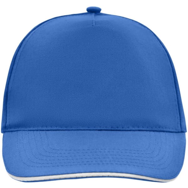 A blue 5 Panel Promo Sandwich Cap featuring a structured design and a visor, with a logo present.