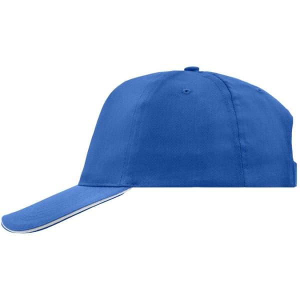 A blue 5 Panel Promo Sandwich Cap featuring a peak and a logo on the side.