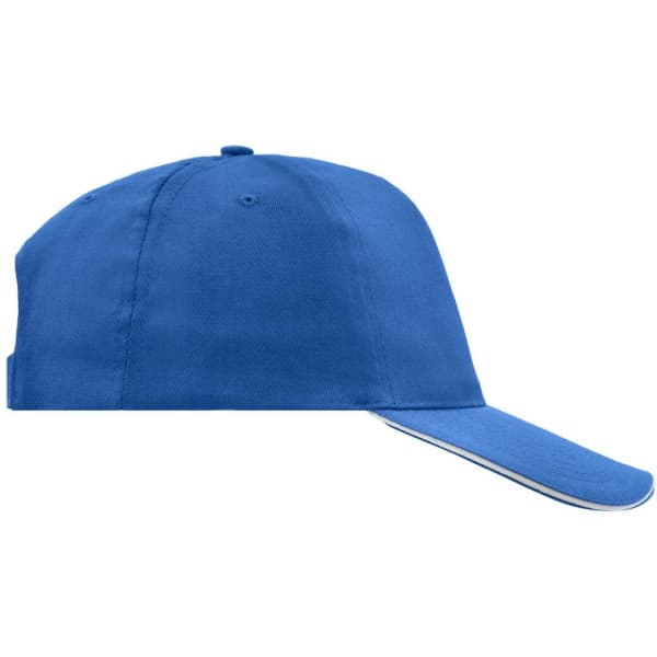 A blue 5 Panel Promo Sandwich Cap with a curved visor and a logo on the front.