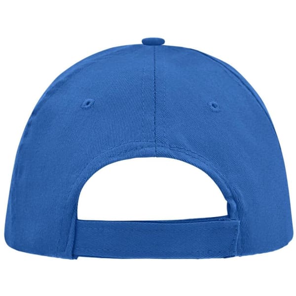 A blue 5-panel promo sandwich cap featuring a logo on the back. The cap has an adjustable strap.