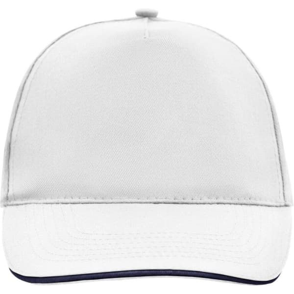 A white 5 Panel Promo Sandwich Cap featuring a curved brim and a logo on the front.