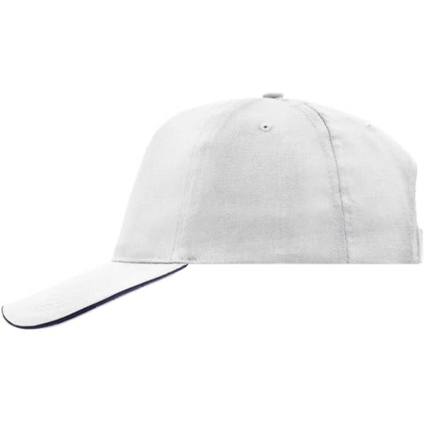 A white 5 panel cap with a sleek design, featuring a contrasting trim and a logo on the front.