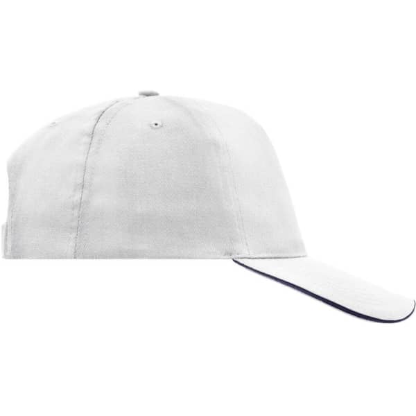 A white 5 Panel Promo Sandwich Cap with a navy underbrim and a logo on the front.